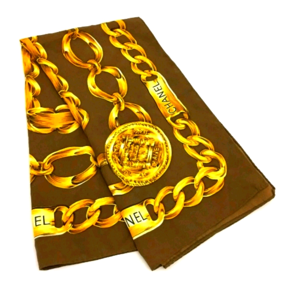 AUTHENTIC  CHANEL CC LOGO CHAIN SILK SCARF /A1092